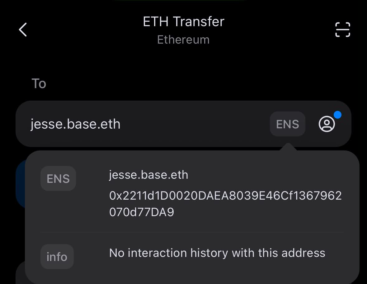 imToken correctly resolves the address for jesse.base.eth