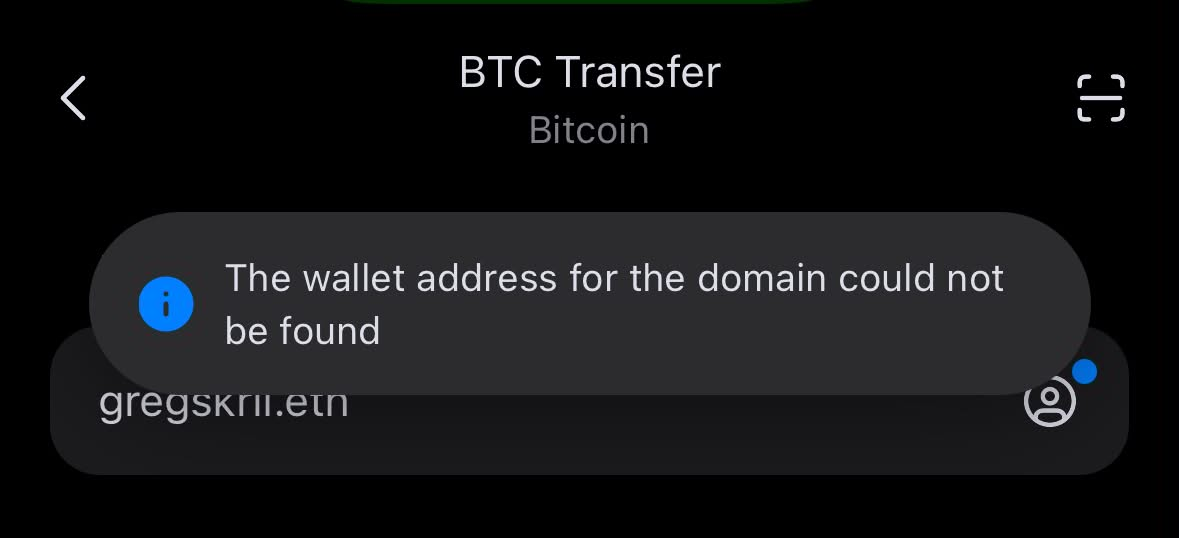 imToken fails to resolve the Bitcoin address for gregskril.eth